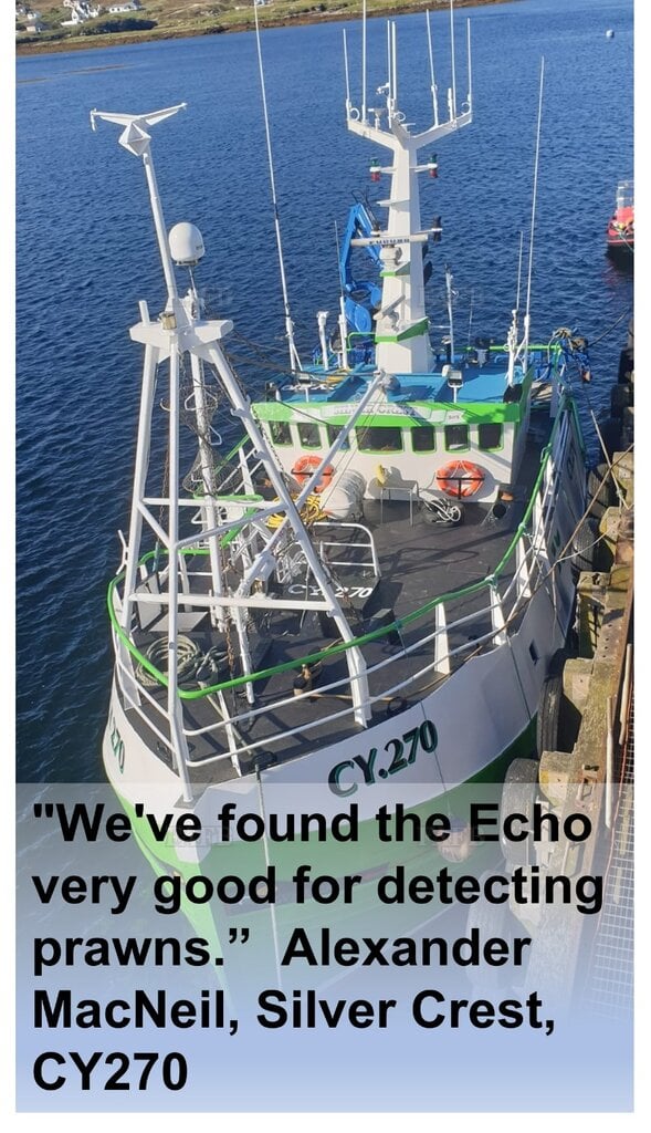 Double your prawn catch rate. Echo detects prawns in the net